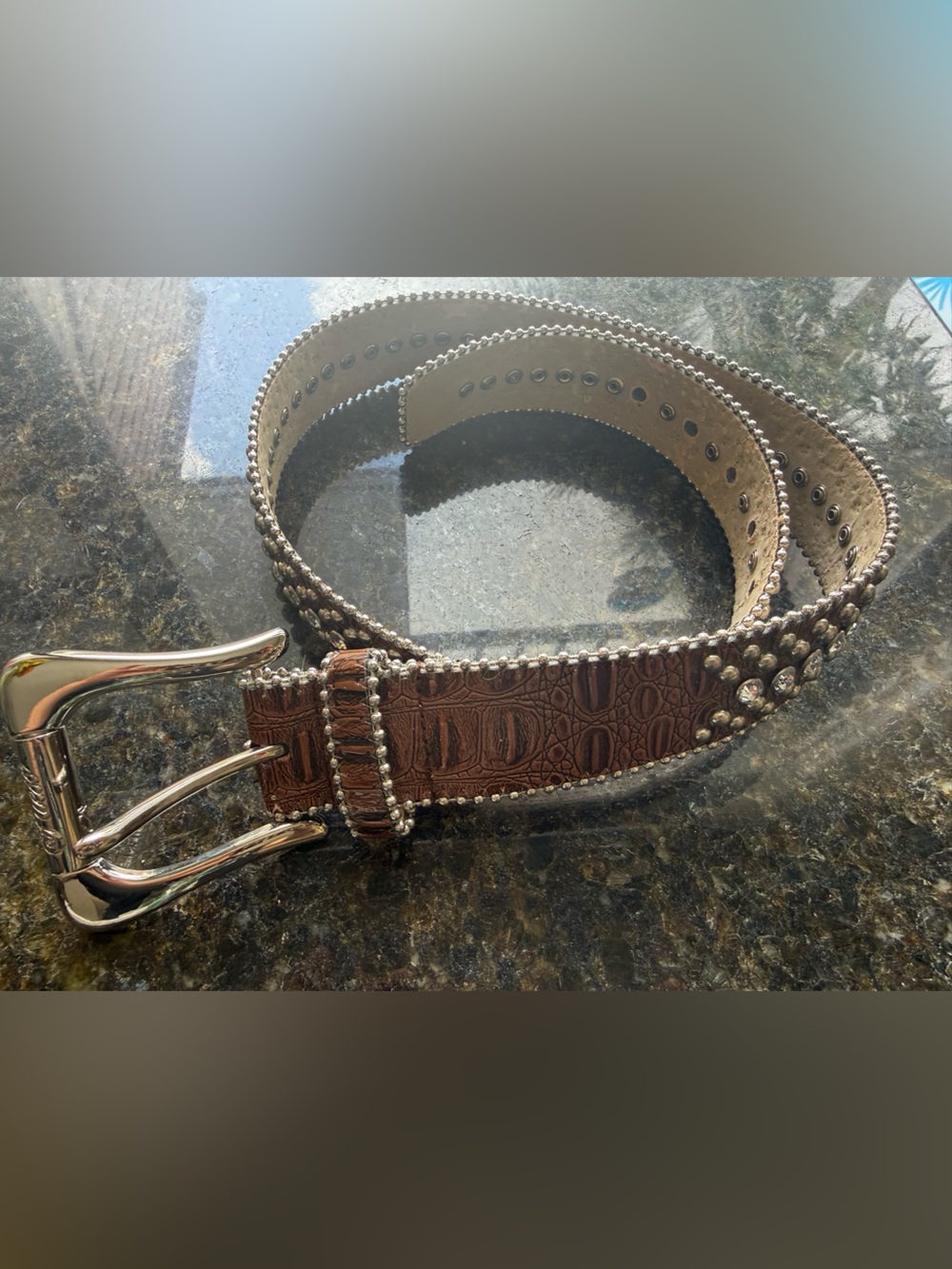 Guess Beige Studded Faux Leather Belt with Silver Accents